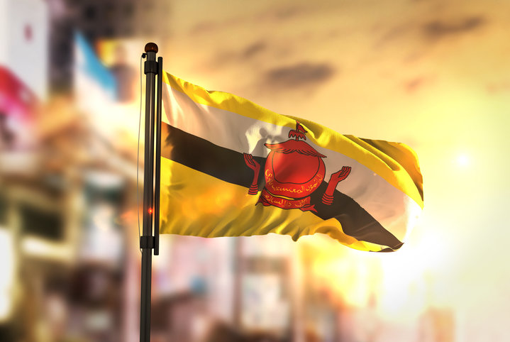 Brunei Flag Against City Blurred Background At Sunrise Backlight